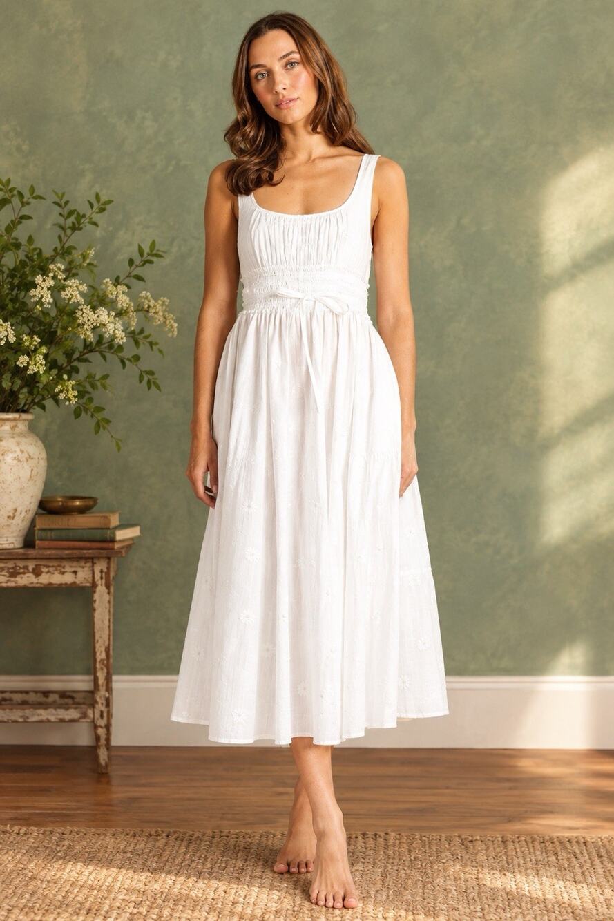 MILLE Resort & Travel Frannie White Gathered Bodice Self Tie Midi Dress Sz XS
